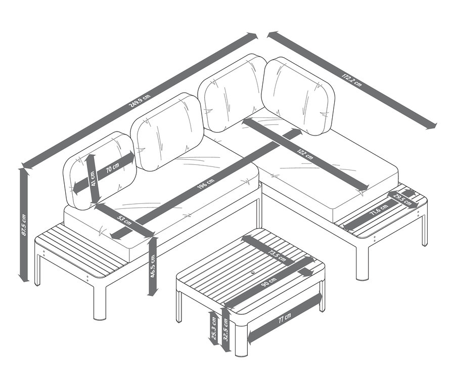 Nákres rohového posezení s výškově nastavitelným konferenčním stolkem a rozměry.