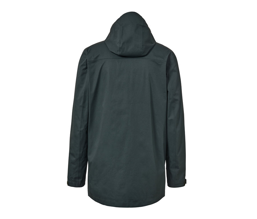 Tmavě zelená outdoorová bunda s kapucí zezadu.