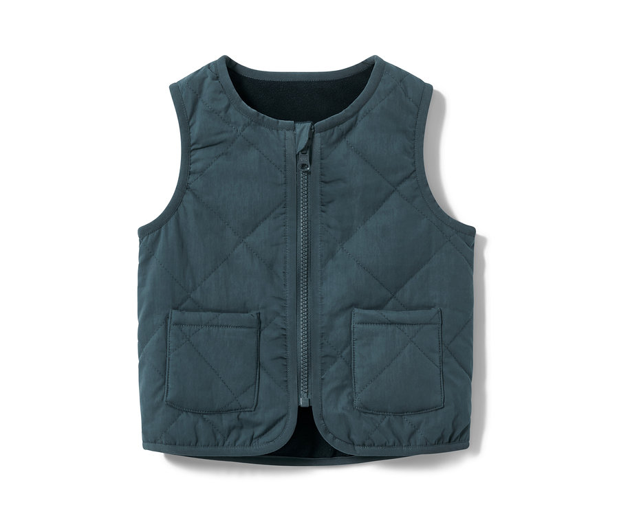 Modrá dětská oboustranná prošívaná vesta se zipem a kapsami.