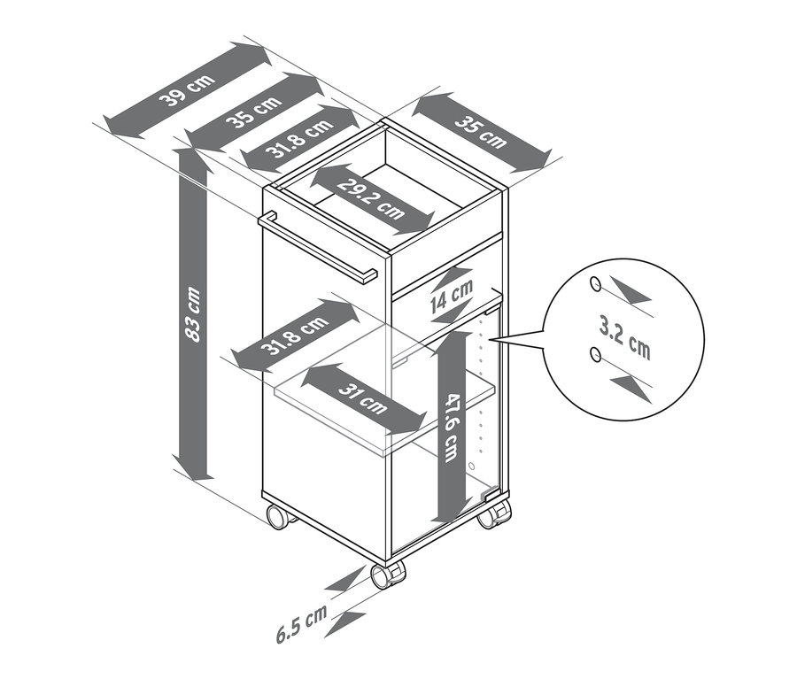 Ilustrace odkládacího vozíku do koupelny s uvedenými rozměry.