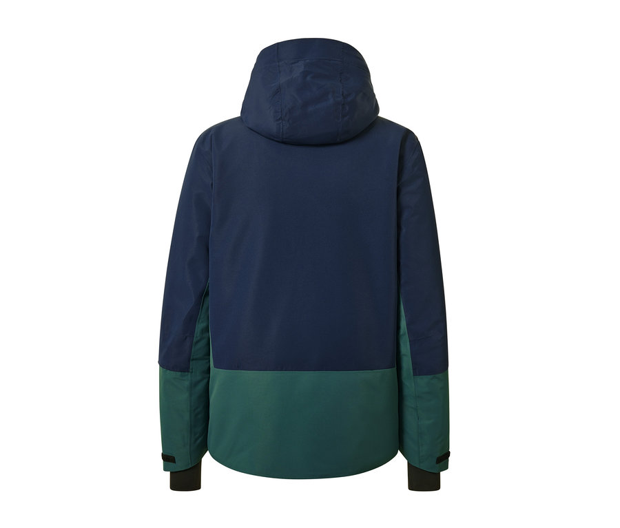 Detail zadní strany modrozelené lyžařské bundy.