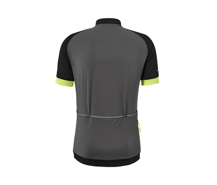 Detailní pohled zezadu na cyklistický trikot v šedé, černé a neonově žluté barvě.