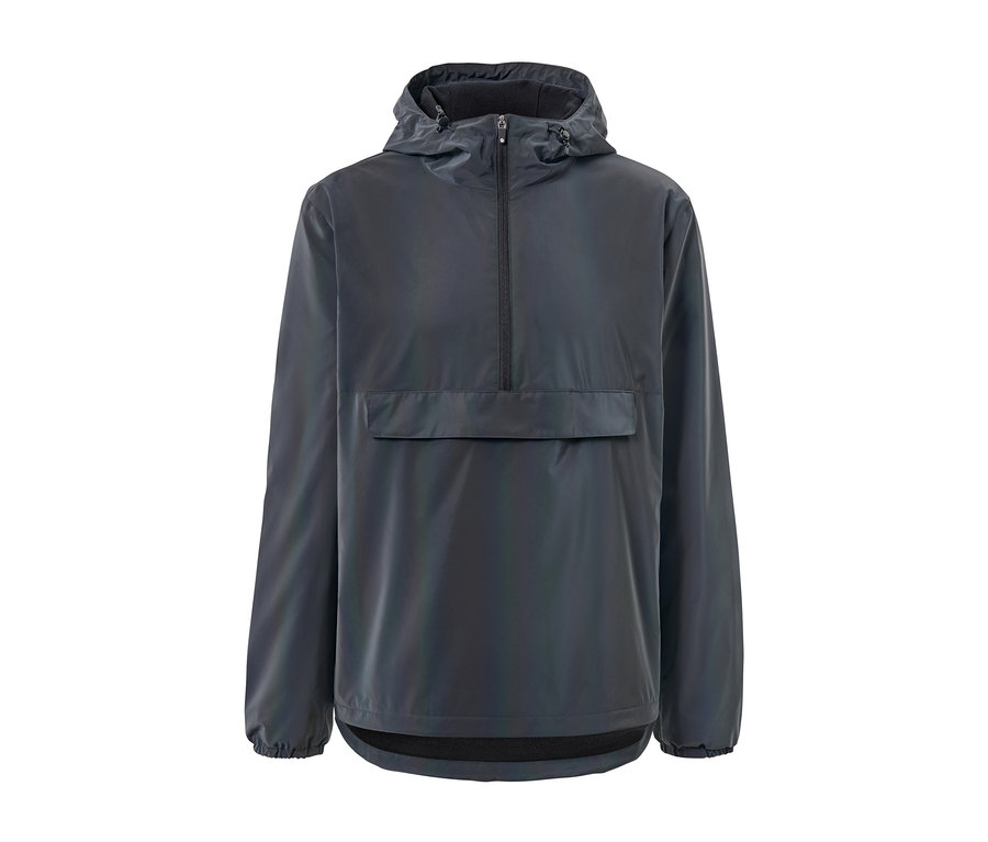 Šedá duhová reflexní větrovka s kapucí a klokaní kapsou.