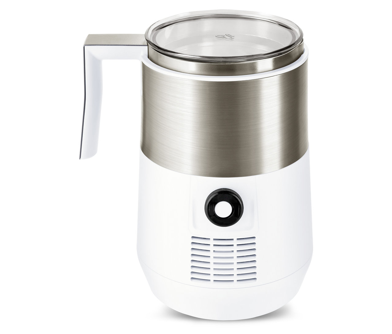 Detail indukčního napěňovače mléka v krémové a bílé barvě.