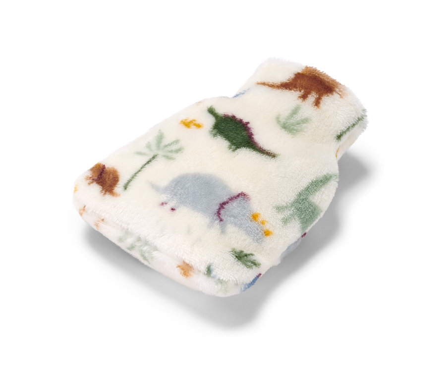 Malý termofor s dinosauřím vzorem na bílém pozadí.