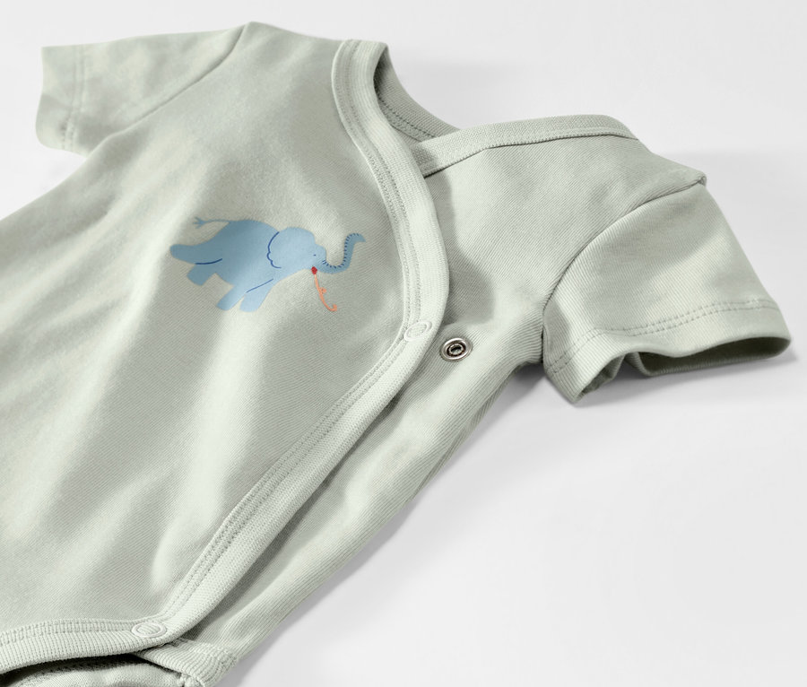 Detail rostoucího body pro miminka s obrázkem modrého slona.