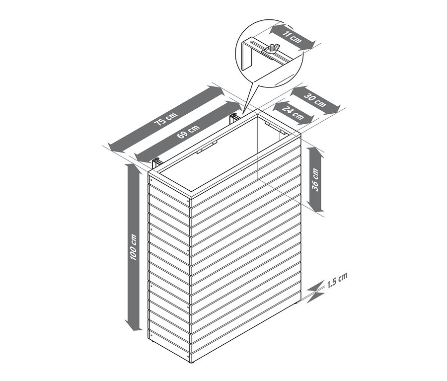 Nákres prvku pro rozdělení prostoru s truhlíkem »Tinus« s vyznačenými rozměry.