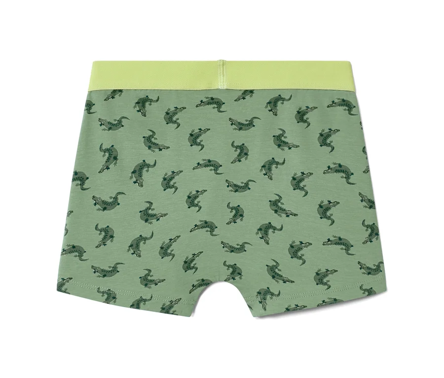 Zelené chlapecké boxerky, 2 ks, s potiskem krokodýlů a žlutým pasem.