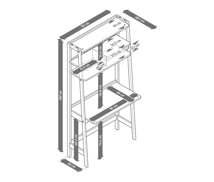 Nákres regálu se sekretářem s uvedenými rozměry.