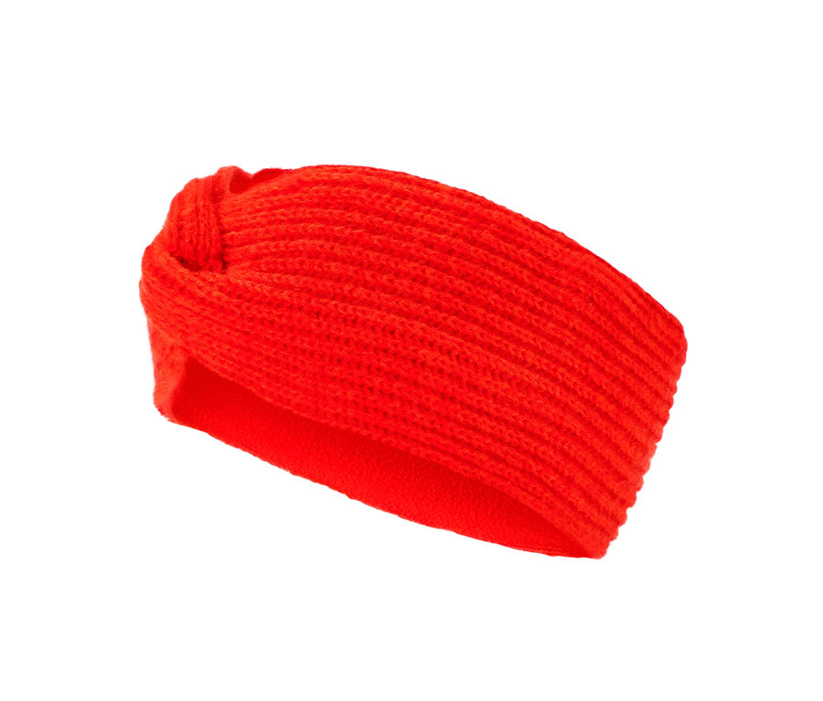 Oranžová pletená čelenka.