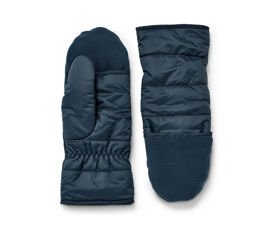 Dvě prošívané odklápěcí palčáky tmavě modré barvy leží vedle sebe na bílém pozadí.