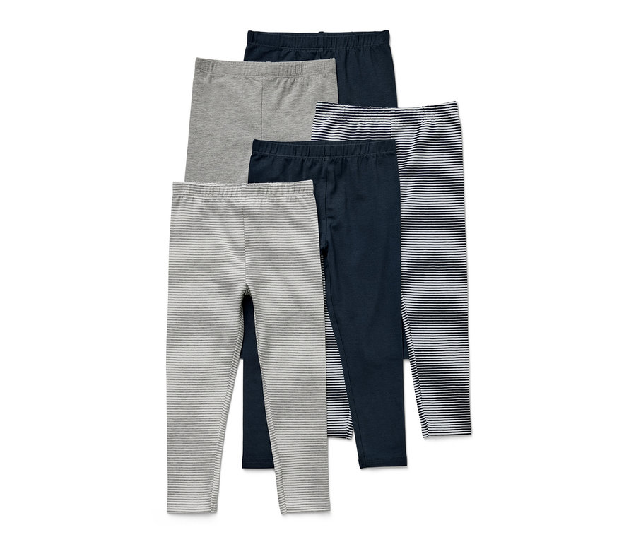 Pětice dětských legín různých barev a vzorů.