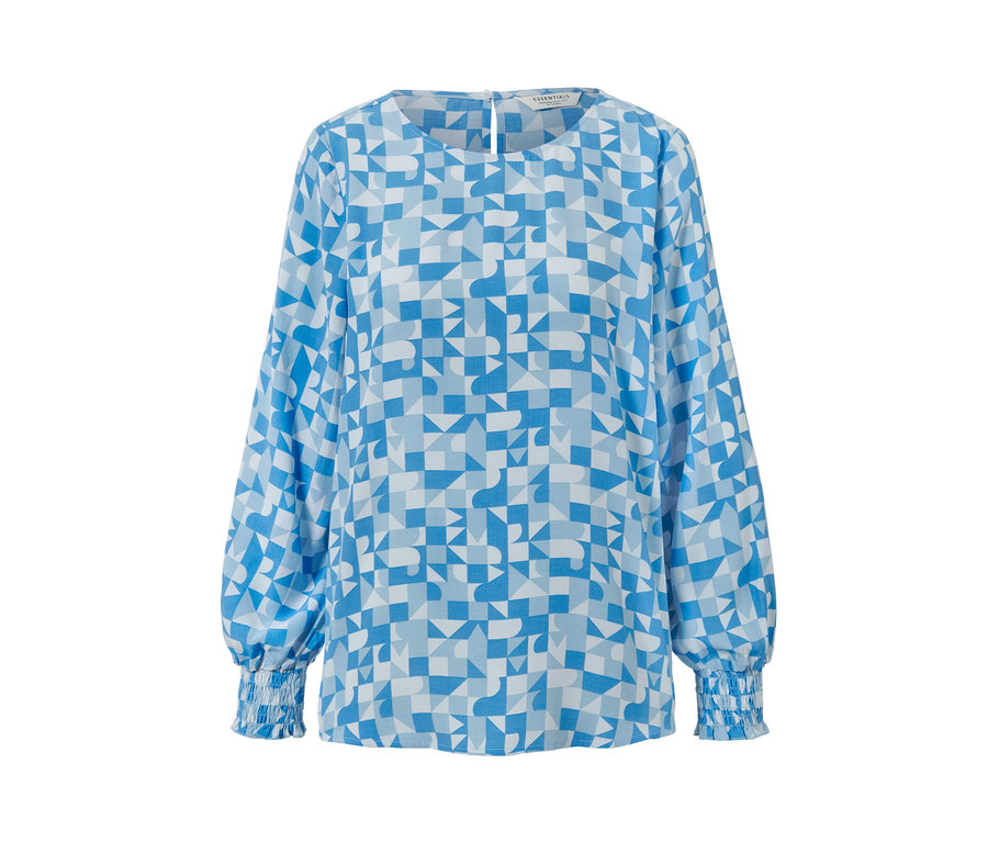 Modrá halenka s geometrickým potiskem.