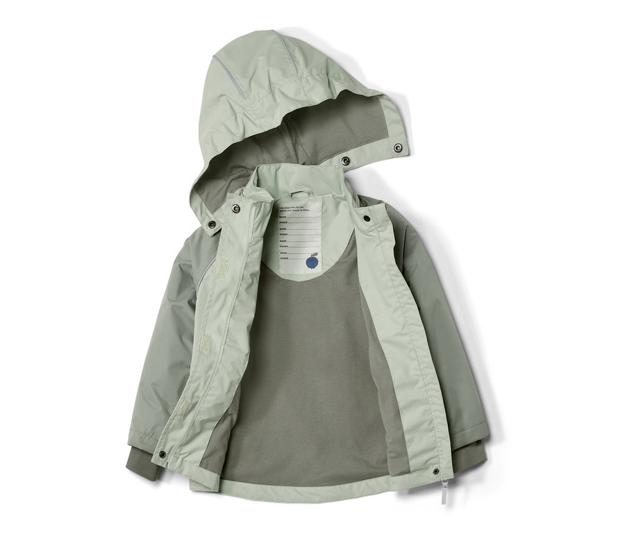 Otevřená dětská bunda do deště ve stylu colorblock v odstínech zelené.