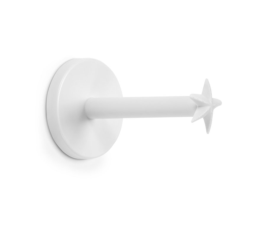 Bílý držák na toaletní papír.