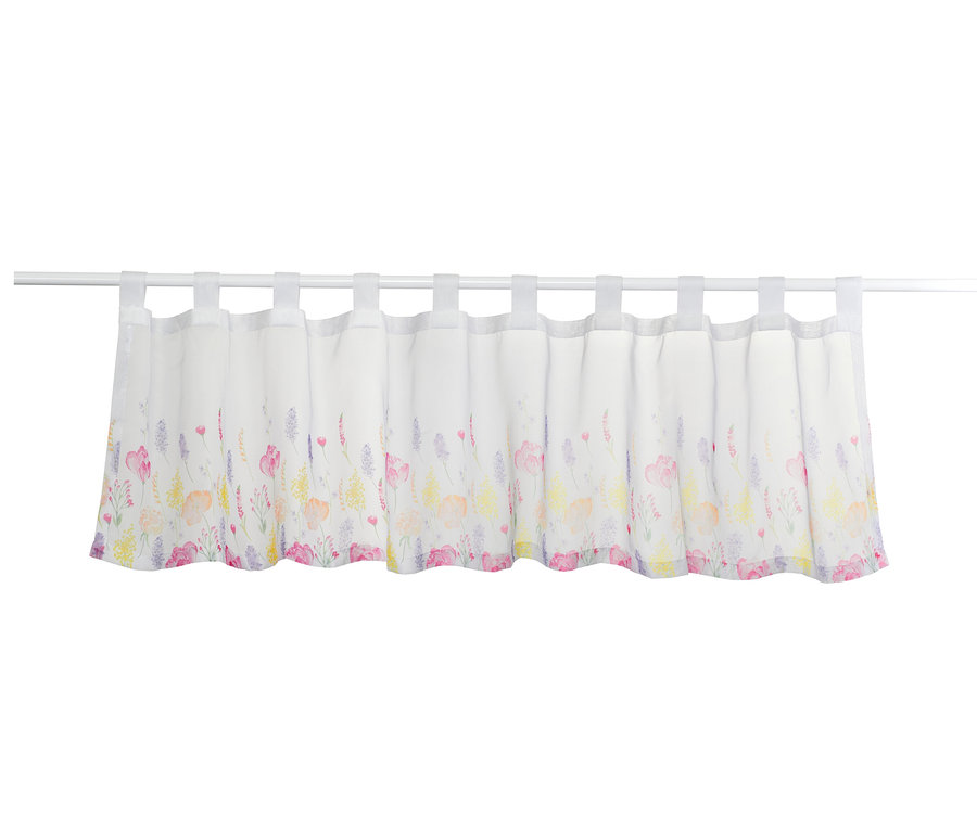 Bílá bistro záclonka s potiskem květin.