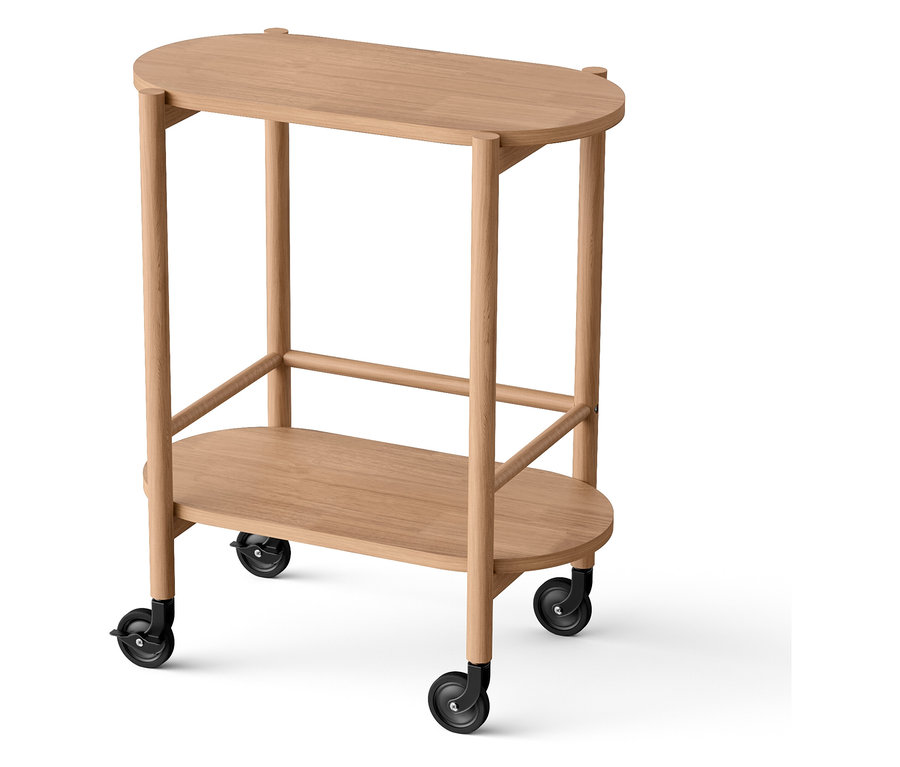 Dvoupatrový dřevěný vozík na kolečkách.