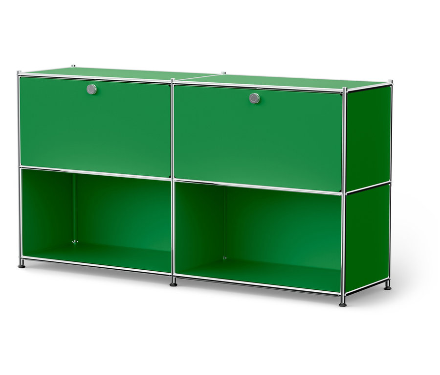 Zelená skříňka se čtyřmi přihrádkami a stříbrným rámem.