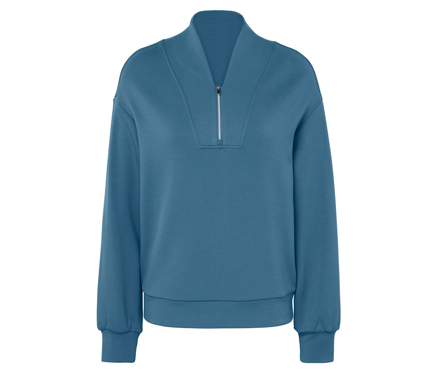 Modrá mikina s dlouhými rukávy a krátkým zipem.