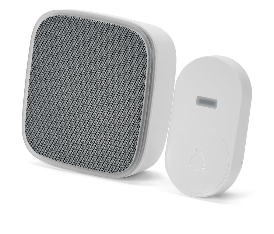 Bílý bezdrátový zvonek Funktürklingel s šedou mřížkou reproduktoru.