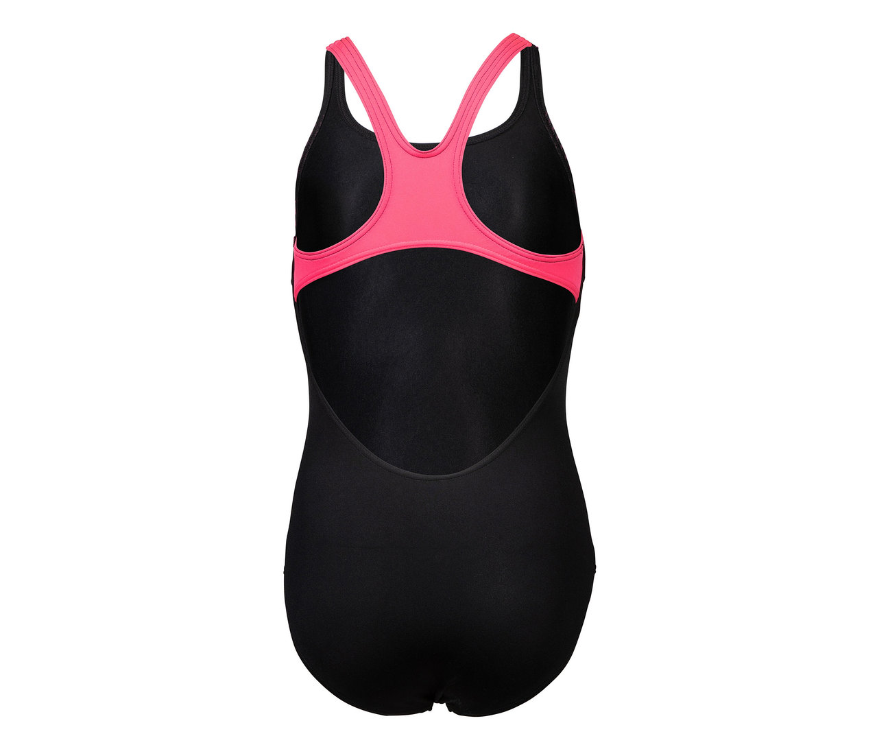 Černý dětský plavecký dres arena Performance Poseidonia Swim Pro Back s růžovými ramínky a lemy, pohled zezadu.