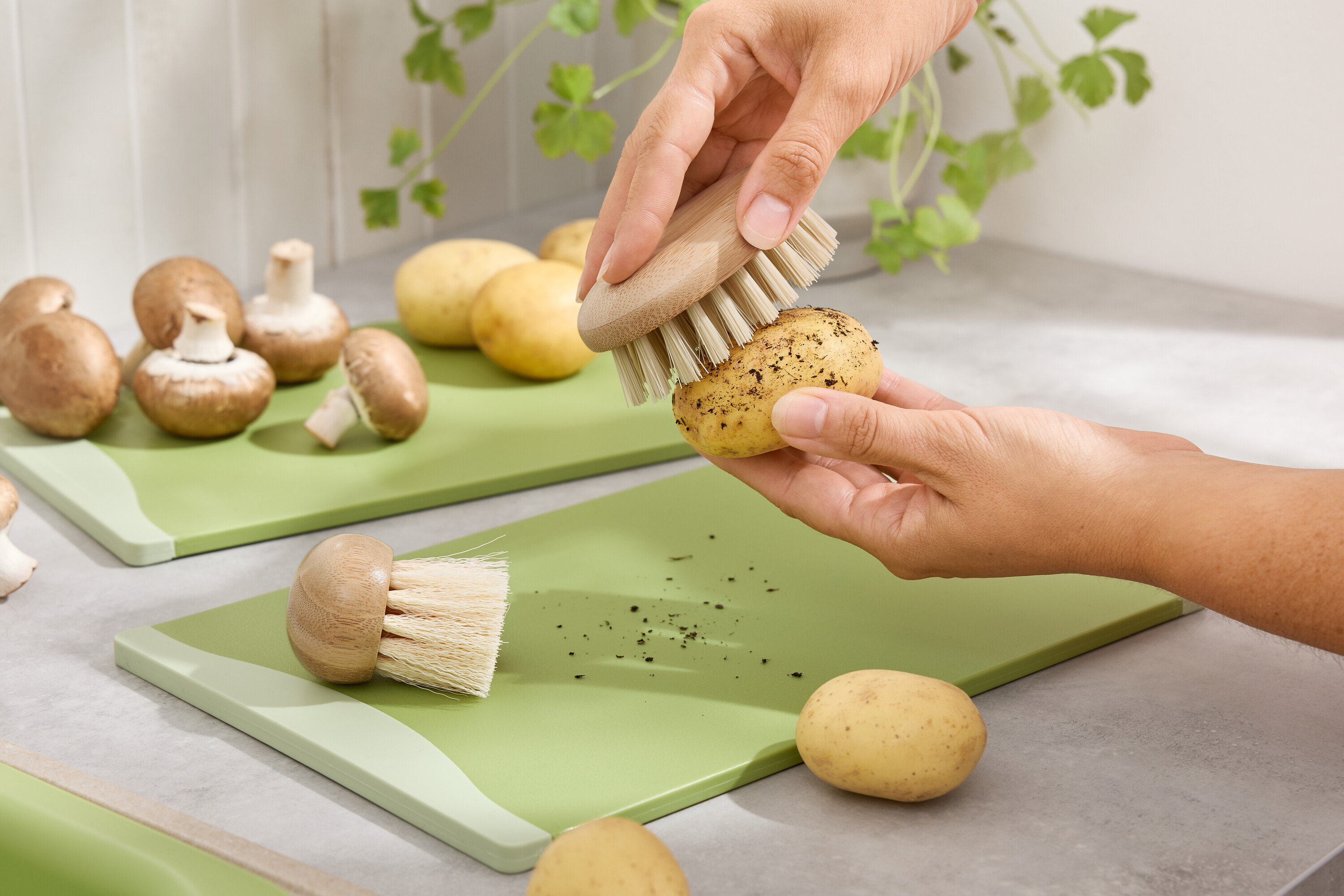 Ruce čistí kartáčem bramboru na zeleném prkénku. Hnědé žampiony a brambory jsou na pozadí.