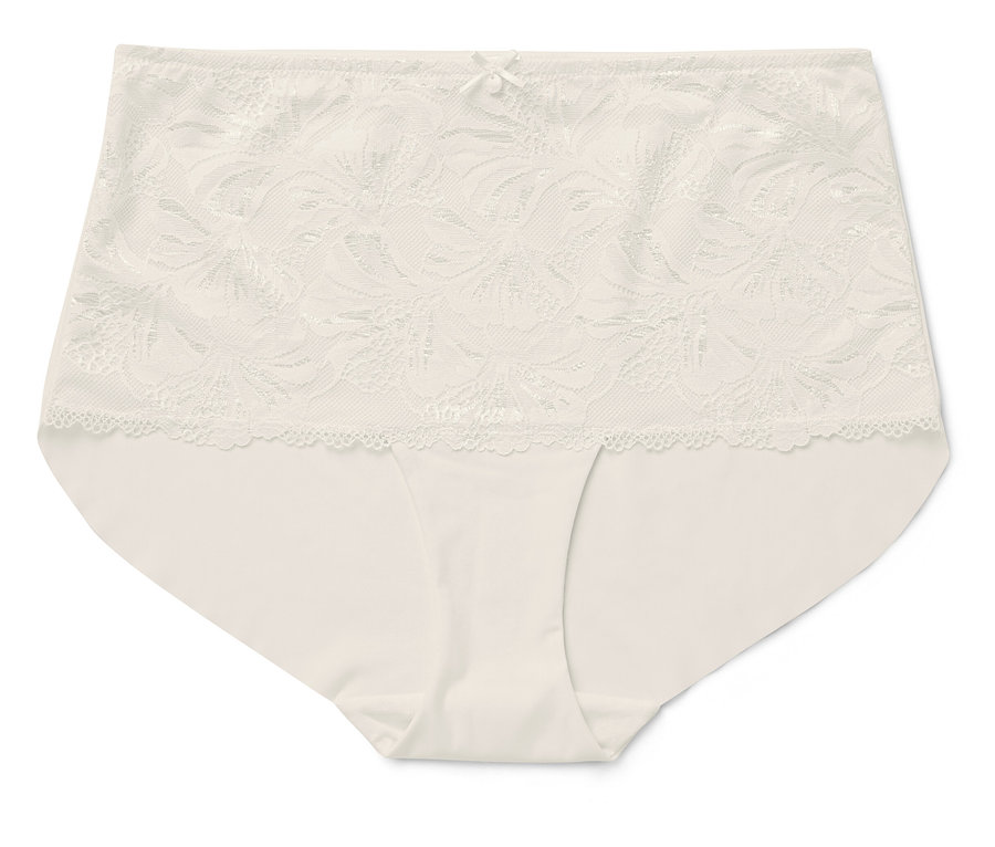 Béžové kalhotky s květinovou krajkou a mašličkou v pase.