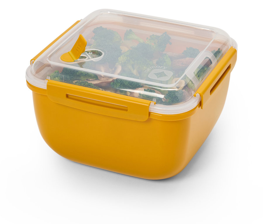 Žlutá obědová krabička s brokolicí a houbami.