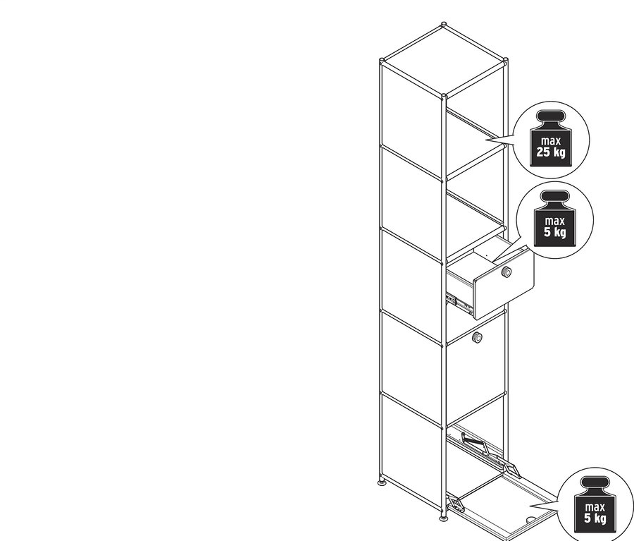 Nákres kovového regálu »CN3« se 2 výklopnými dvířky a 2 zásuvkami.