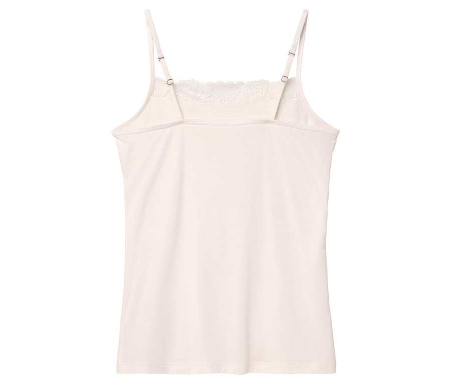 Pohled zezadu na bílý tílko s krajkovými detaily a nastavitelnými ramínky.