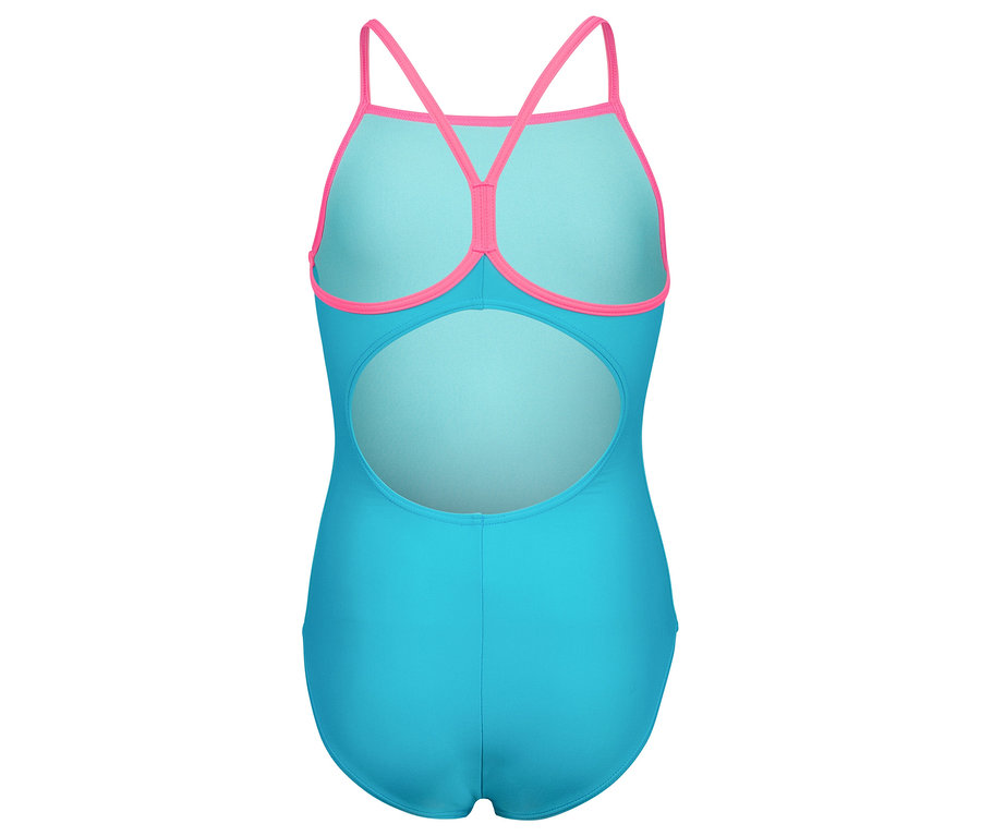 Pohled zezadu na tyrkysové plavky s růžovými ramínky.