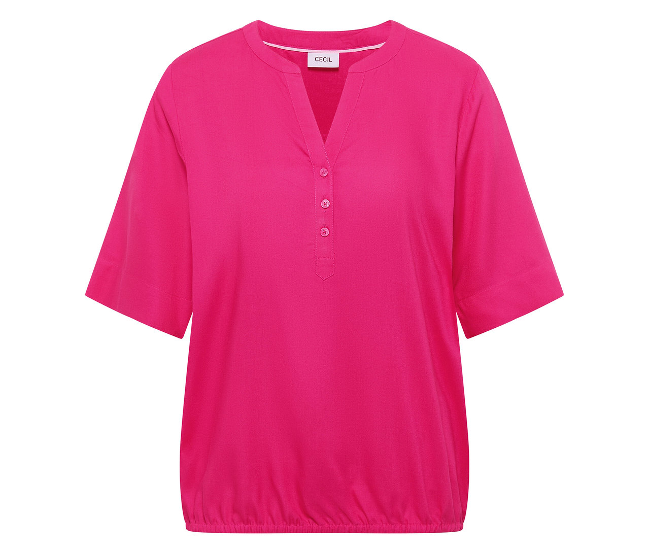Růžová tuniková halenka CECIL s výstřihem do V a krátkými rukávy.