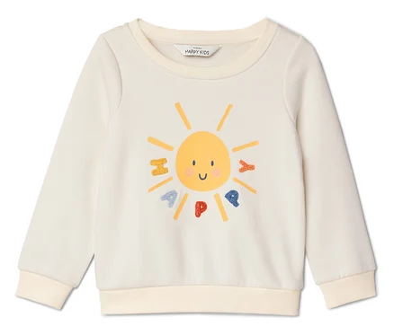 Krémová mikina s designem žlutého obličeje slunce a nápisem "HAPPY".