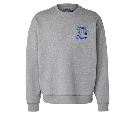 Šedá mikina Unisex Coffee Crew s modrým potiskem šálku kávy a nápisem Cheers.