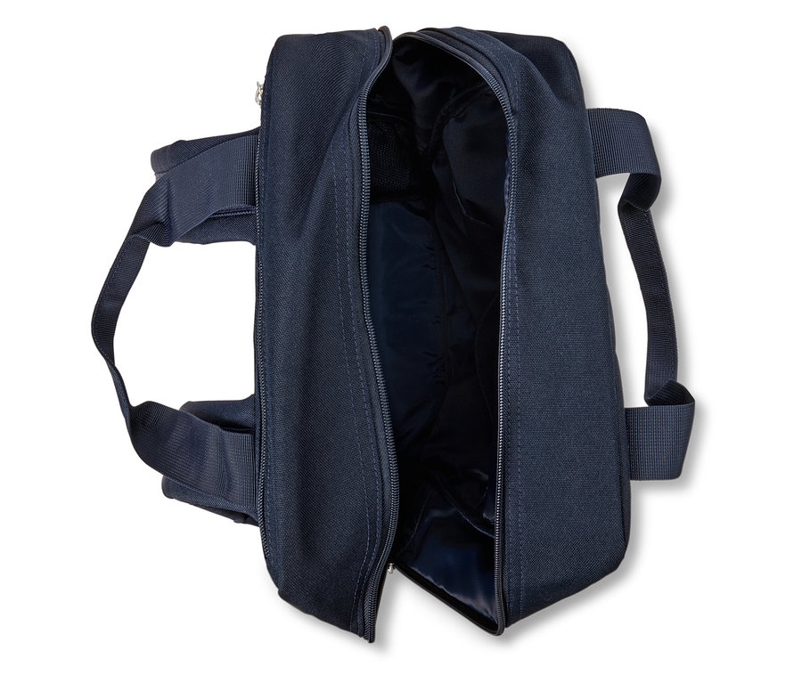 Tmavě modrá taška s otevřeným zipem, viditelná vnitřní podšívka.