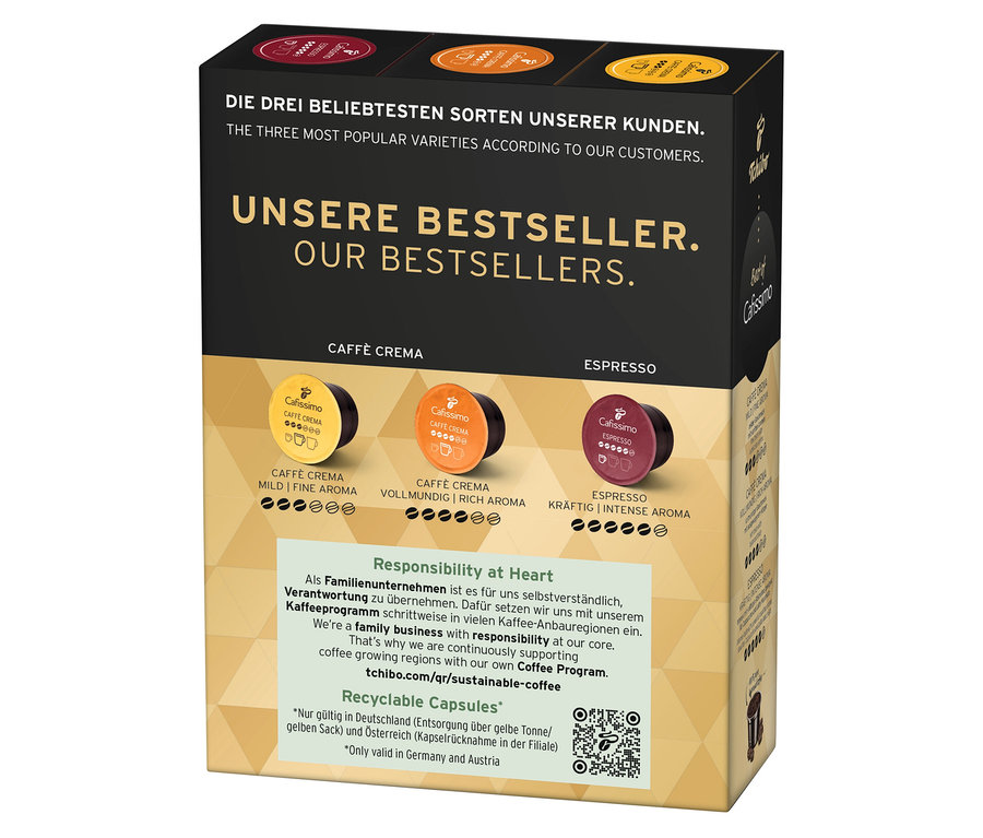 Balení Cafissimo Best of Cafissimo 30 kapslí se třemi příchutěmi: Caffè Crema Mild Fine Aroma, Caffè Crema Vollmundig Rich Aroma a Espresso Kräftig Intense Aroma.