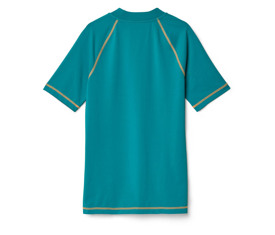 Tyrkysový top s krátkým rukávem a okrovými ozdobnými švy.