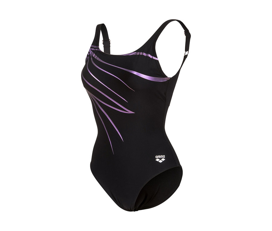 Černé dámské plavky arena Shapewear Lili B Cup s fialovými vlnitými liniemi na levé straně a nastavitelnými ramínky.