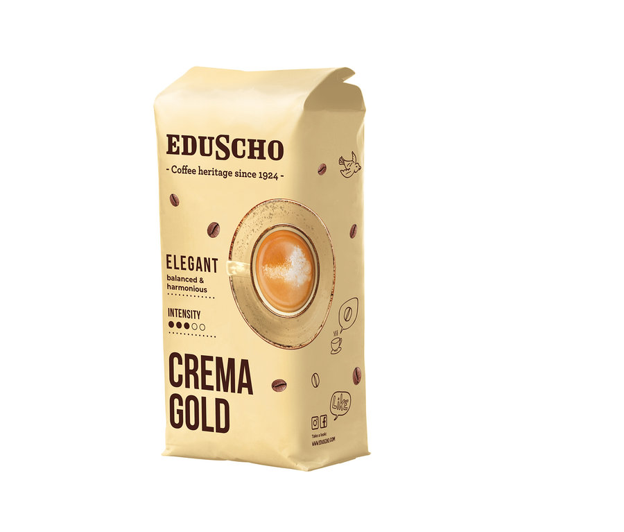Světlé balení 1 kg zrnkové kávy Eduscho Crema Gold s grafikou šálku kávy a kávových zrn.