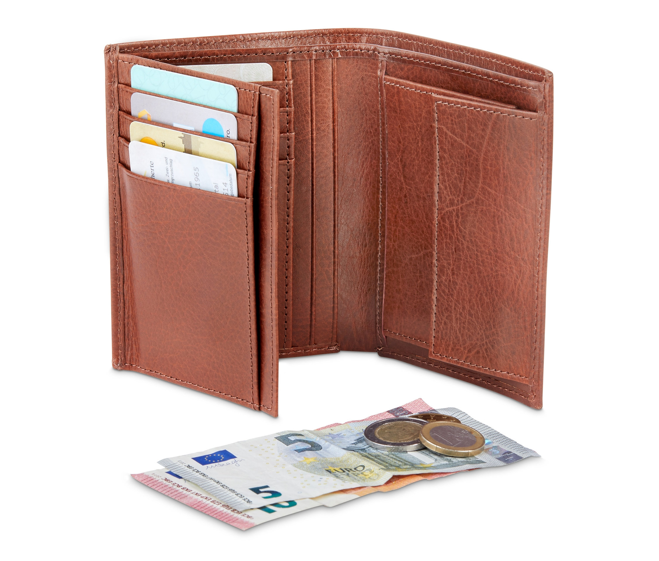 Otevřená kožená peněženka hnědé barvy s bankovkami a mincemi.