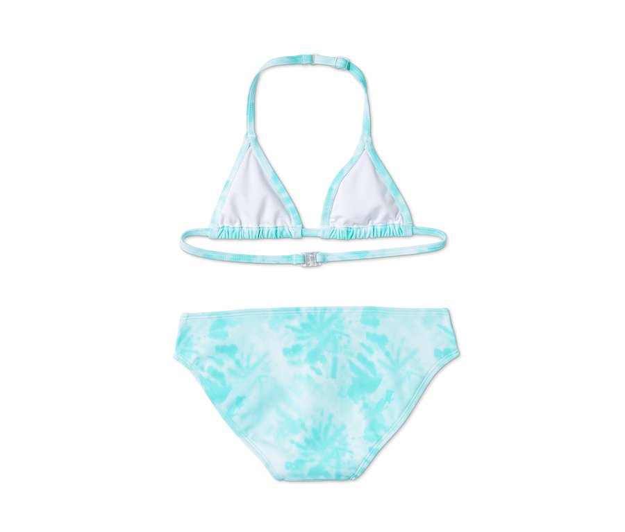 Bikiny s recyklovaného materiálu s tyrkysovým batikovaným vzorem.