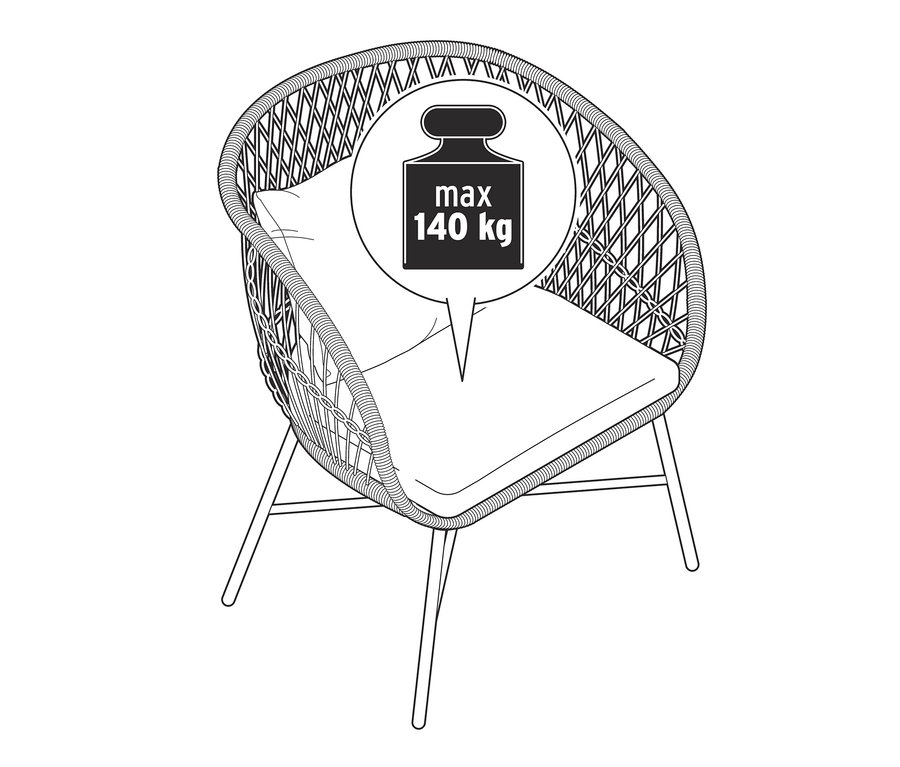 Ilustrace lounge křesla Boho s polyratanovým výpletem a nosností max. 140 kg.