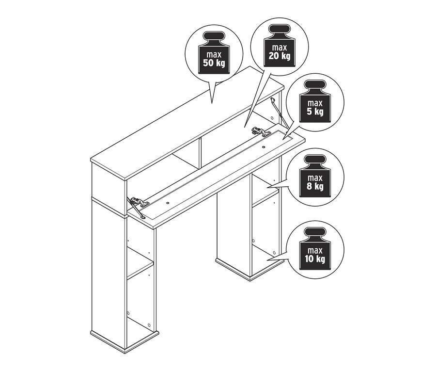 Nákres krbové římsy s otevřeným a uzavřeným úložným prostorem a maximální hmotností.