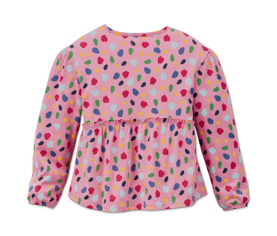 Růžové tričko s dlouhým rukávem s barevným potiskem.