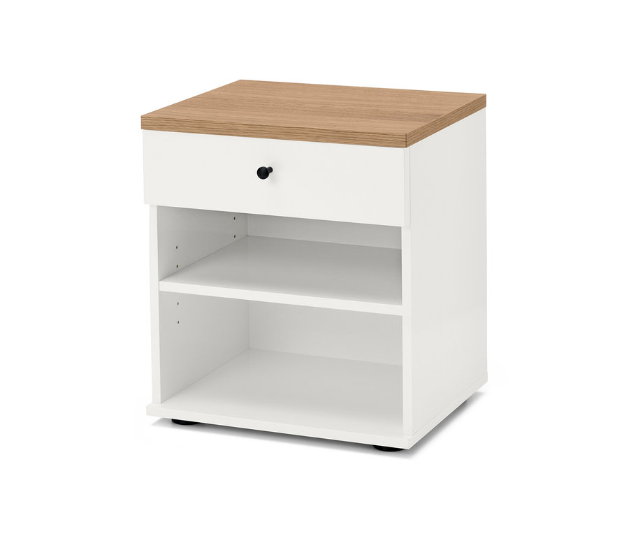Bílý noční stolek »Bekeson« s hnědou deskou a černým úchytem.