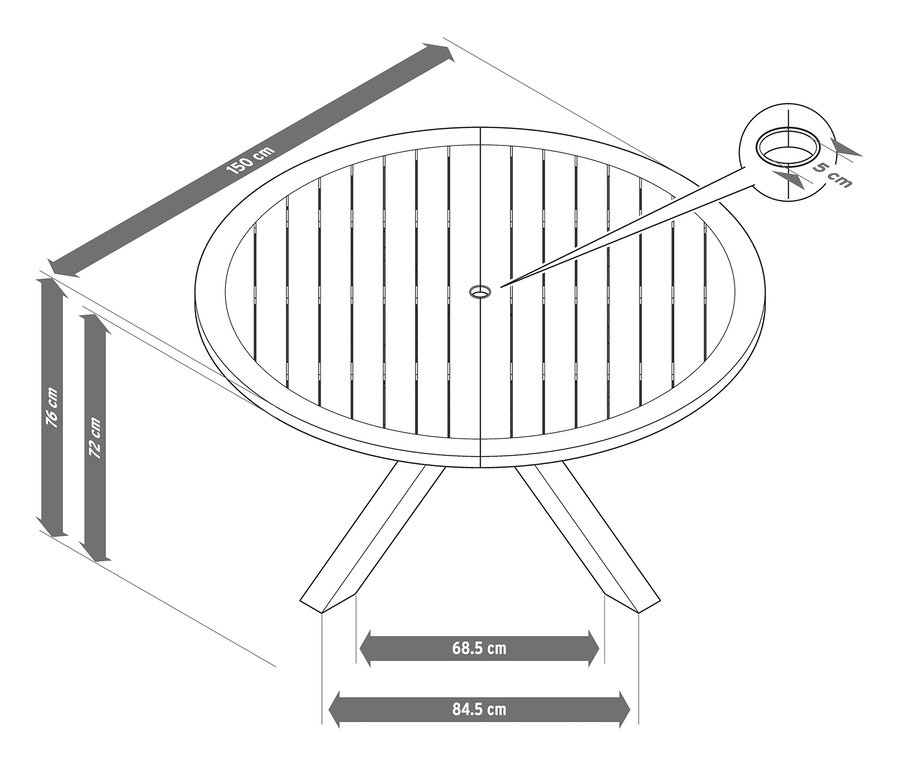 Diagram teakového jídelního stolu s moderními nohami ve tvaru X a rozměry 150 cm x 76 cm.