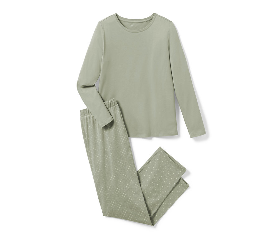 Zelené pyžamo s dlouhým rukávem a kalhotami s bílými puntíky.