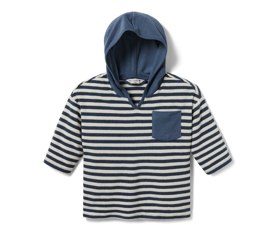 Pruhované dětské froté tričko s kapucí a náprsní kapsou.