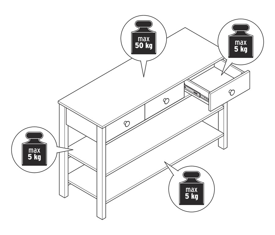 Nákres příborníku se zásuvkami, jeden z nich je otevřený.