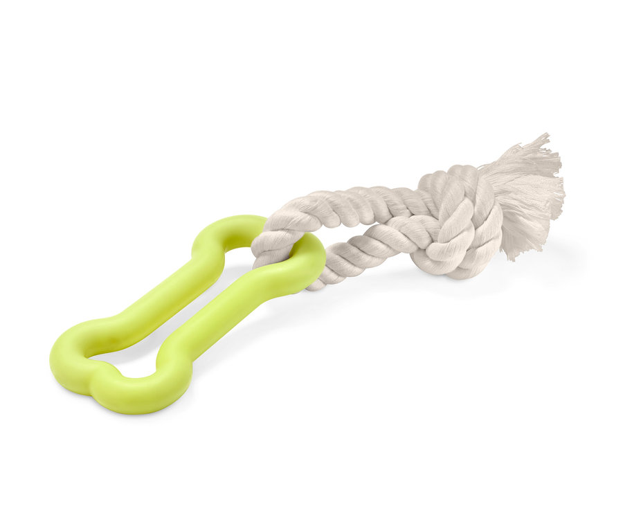 Hračka pro psy: Zelená kost spojená s uzlem z bílého lana.